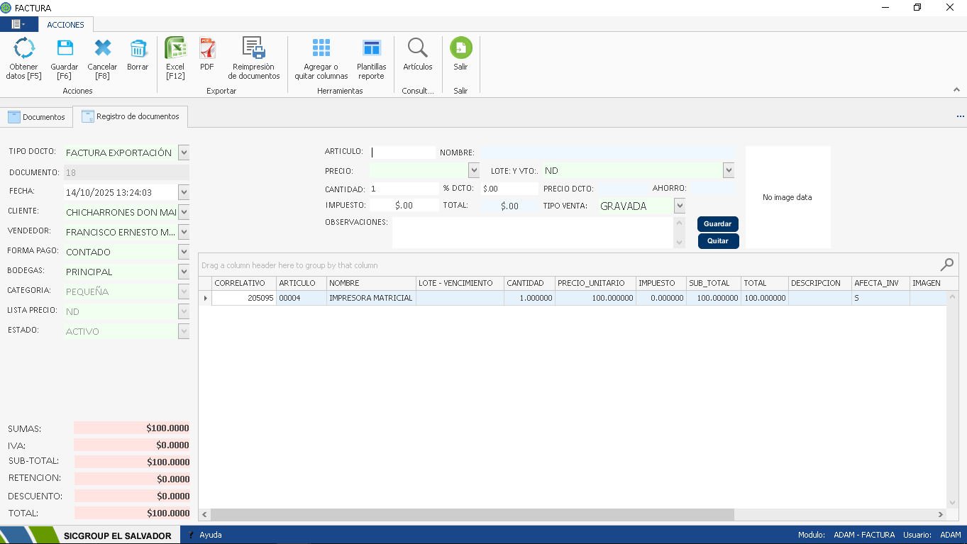 Interfaz de facturación de exportación o masiva